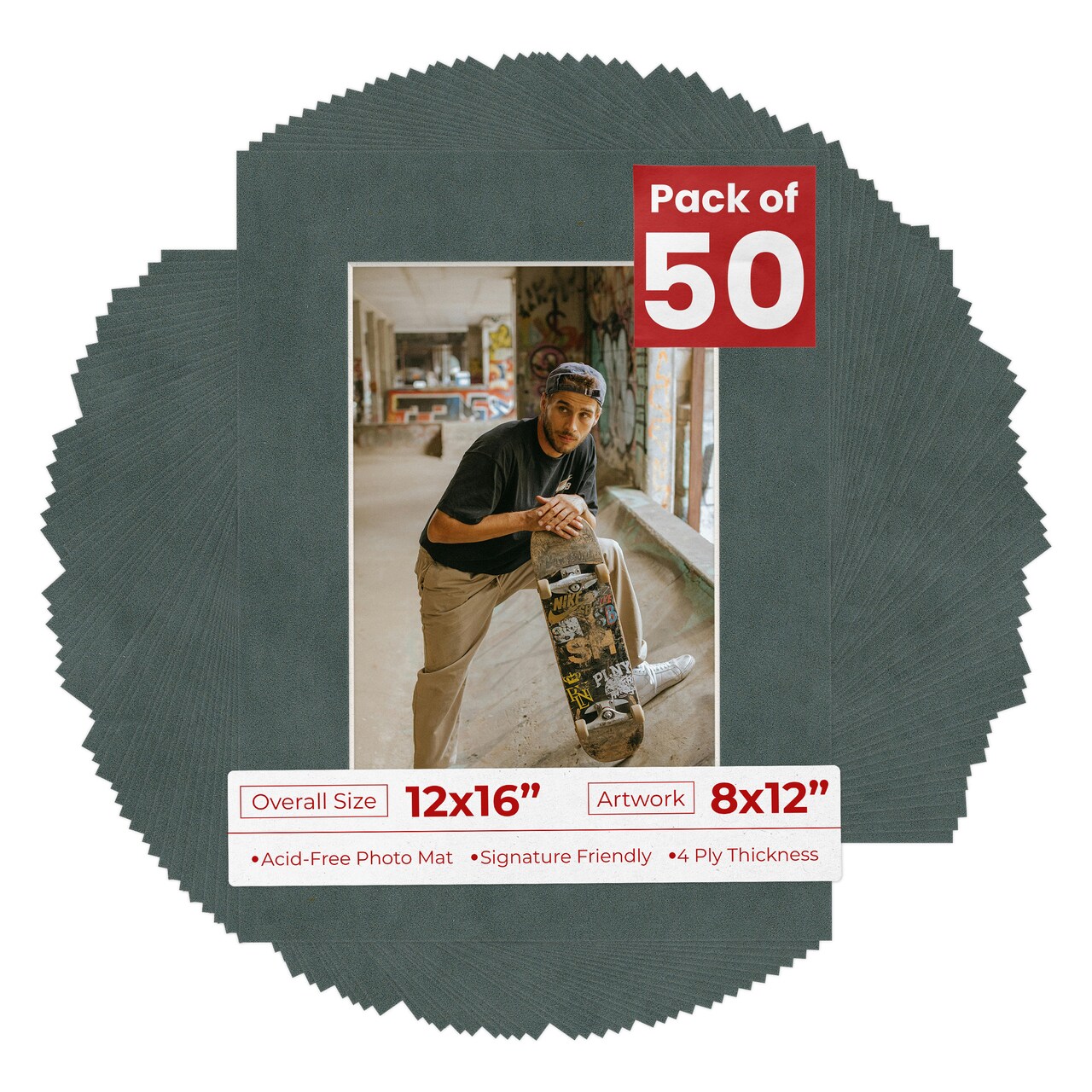 Dark Grey Suede Mat Board for 12x16 Frames - Fits 8x12 Photos